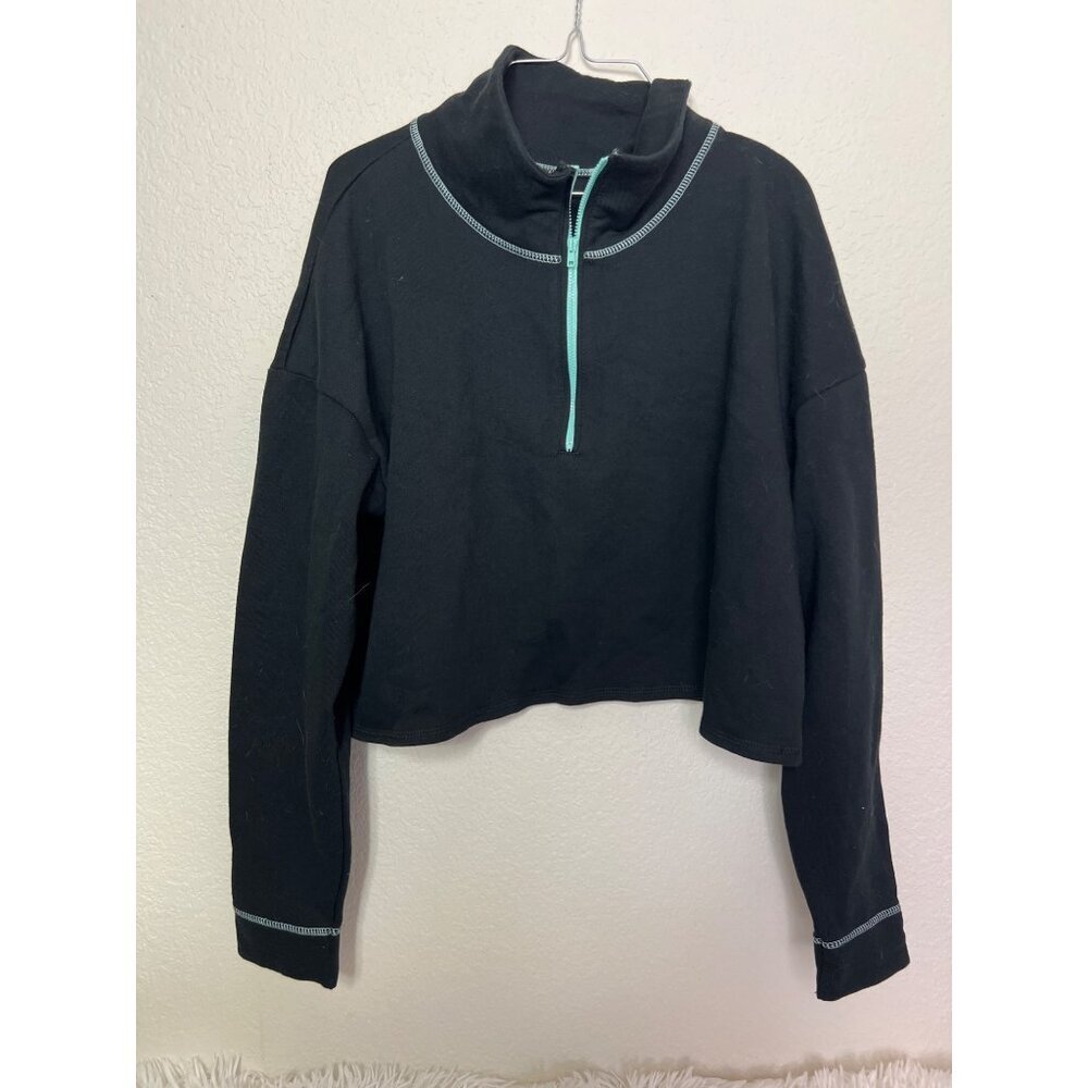 Wild Fable 1/2 Zip Crop Sweatshirt Black Teal Zipper Detail XL
